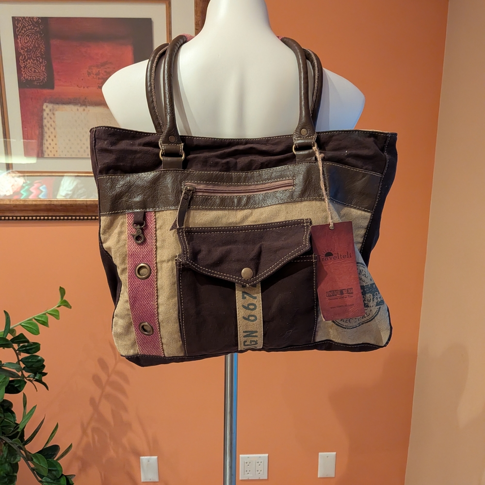 Vintage Stylish Brown and Tan Women’s Bag Canvas New 100% Cotton Leather